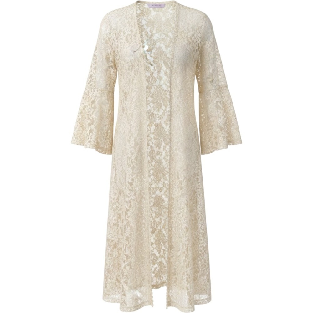 Mauve Cream Floral Lace Open Front Cardigan‎ Sheer Bell Sleeve Boho Cover Up S